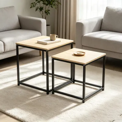 Produktbild von Quadratisch Couchtisch 2er Set,Stapelbar Satztisch,Beistelltisch Set,Metallgestell Holzoptik Moderne Wohnzimmertisch für Wohnzimmer,Balkon 40cm+35cm