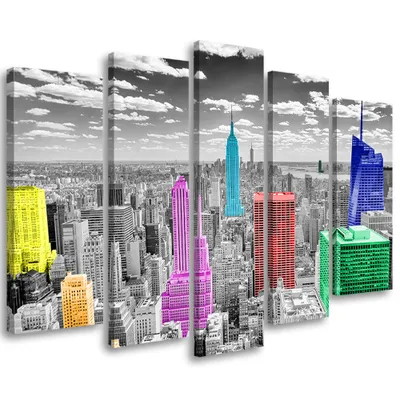 Produktbild von 5-teiliges leinwandbild new york farbpanorama 100x70 cm Feeby farbe wandbild bereit zum aufhängen