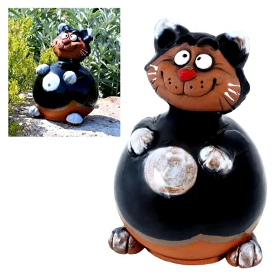 Produktbild von Gartenstecker aus Keramik - Handgefertigte Gartendekoration für den Außenbereich - Wetterfeste Gartenfiguren - Schwarze Katze
