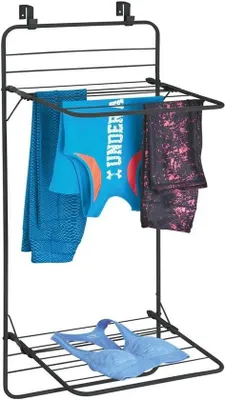 Productafbeelding van Unyqoos® wasrek voor het drogen van kleding – inklapbaar, met 10 stangen, 2 niveaus, 50,8 x 47,5 x 120,5 cm, zwart, metaal, kan aan standaarddeuren worden opgehangen zonder boren