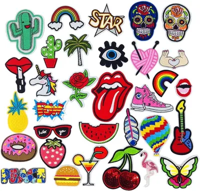 Produktbild von Bügelapplikationen Set, 32 bunte Patches, zum Aufbügeln, für Kleidung und Accessoires