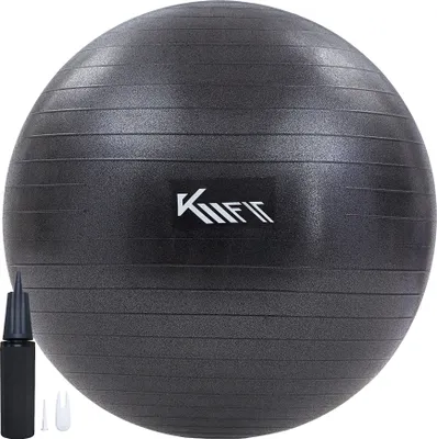 A black yoga ball with a logo and a pump. The ball has horizontal lines for grip.