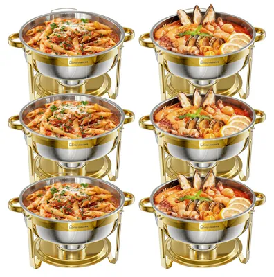 Immagine prodotto di Set scaldavivande per buffet - Chafing dish rotondi da 6,1 l - Acciaio inossidabile - Scaldavivande per buffet e feste - Set con bruciatori - Confezione da 6 pezzi