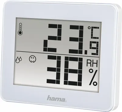A digital thermo-hygrometer displaying temperature and humidity.