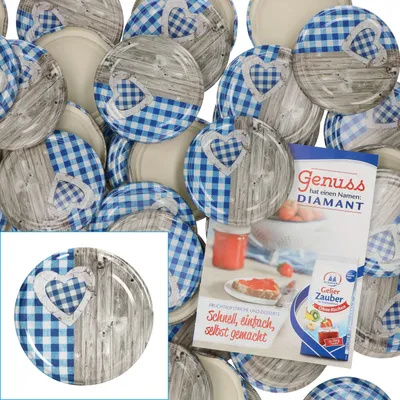 Image de set de 50 couvercles TO82 Cœur en bois bleu-blanc Twist-Off Couvercles de rechange pour bocaux