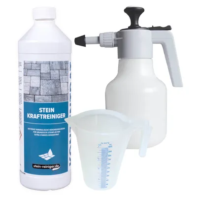 Produktbild von stein-reiniger.de: Stein Kraftreiniger Konzentrat 1 L, Druckspritze 1,5 L, Messbecher 1 L SET - Entfernt mineralische Verunreinigungen