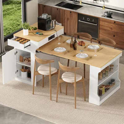 Obrázok produktu pre Kuchynský ostrov na kolieskach, výsuvný jedálenský stôl, zásuvka, servírovací vozík, komoda, pracovná doska, kuchynský stôl, farba: biela, rozmer: 80 x 56,2 x 93 cm