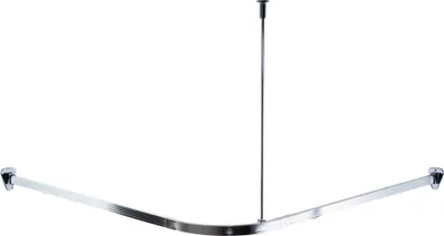 A silver-colored shower curtain rail with a central support rod, mounted against a white background.