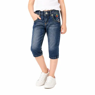 Produktbild von 2792 Mädchen Jeans Bermuda Capri – Blau, Gr. 110 – 100 % Baumwolle, Erdbeer-Stickerei