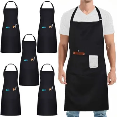 Produktbild von 5 Stück schwarze Kochschürzen, verstellbar mit 3 Taschen für Damen und Herren in der Küche