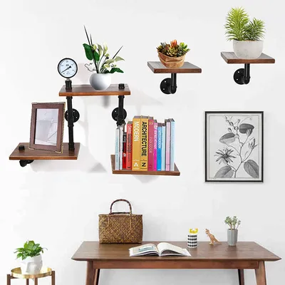 Productafbeelding van Wandplank, zwevende plank, hangende plank, maximale draagkracht 50 kg, opslagplank, boekenplank, plank voor de keuken, plank in industriële stijl (5 planken), wandmontage plank