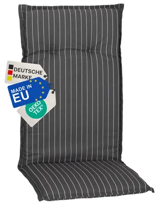 Produktbild von NYVI Gartenstuhl Auflage Hochlehner Barcelona - UV-Beständig, Atmungsaktiv, Strapazierfähig - Hochlehnerauflage Sitzkissen Outdoor - Sitzauflagen für Gartenstühle 118x50cm Grau Weiße Streifen
