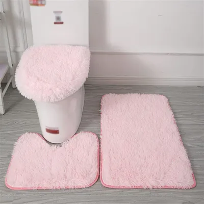 Produktbild von Badteppich Set 3 Teiliges, rutschfeste Shaggy Badematte, Flauschig Contour Badteppich, Langflor Toilettensitzbezug Rosa