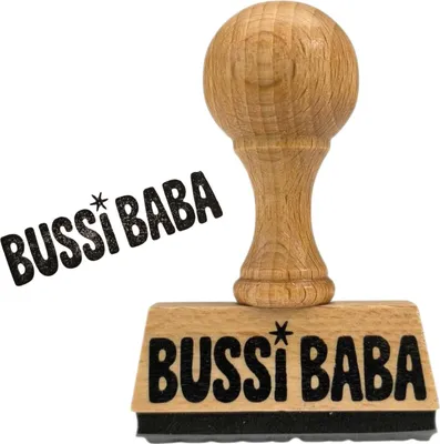 Produktbild von Holzstempel 'Bussi Baba' eckig, mit sternförmigem i-Punkt, Maße ca. 4,5 x 1 cm