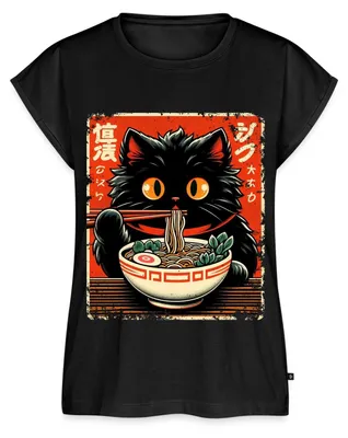 Produktbild von Spreadshirt Flauschige Ramen Katze Im Japan Style Damen Casual Relaxed T-Shirt, S, Schwarz