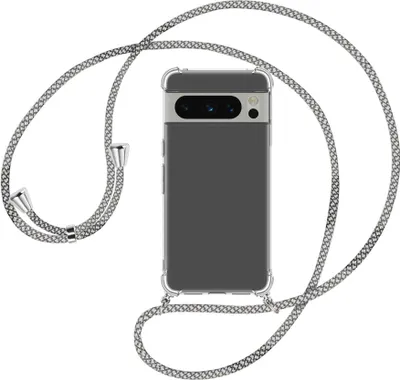 Produktbild von Handykette Backcover-Schutzhülle mit Band (Metall silberfarben) für Google Pixel 8 Pro (6.7'') - weiß/grau kariert
