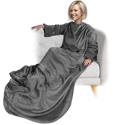 Produktbild von NYVI Ärmeldecke CozyWear Deluxe 170x200 cm Anthrazit - Kuscheldecke mit Ärmeln, 2 Brusttaschen, Fußtasche - Kuschelige TV-Decke für Erwachsene & Kinder - 100, Sofadecke zum Anziehen