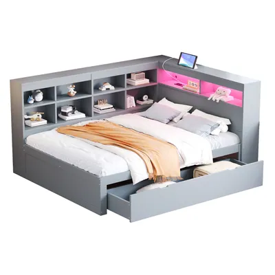 Produktbild von Abrihome Schlafsofa Doppelbett 140 x 200cm mit LED, USB und Extra Großen Schubladen, Einlegeböden und Ablagefächern, Grau