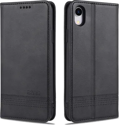 Image de coque iPhone XR, portefeuille avec fermeture magnétique et support, coque en cuir pour iPhone XR noir