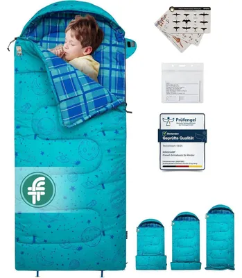 Productafbeelding van Kinderslaapzak, flanel, 4-seizoenen, dekenmodel, tot 140 cm, comforttemperatuur 7°C, blauw, lichtgewicht, waterdicht, compact, 170x70 cm