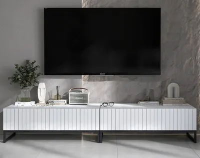 Produktbild von Universal TV-Schrank 2 x ELPIS TV Glamour Style Schwarze Metall Fußgestell Möbel 220 cm x 39 cm x 54 cm Weiß matt - Italienische Tiefmattfolie