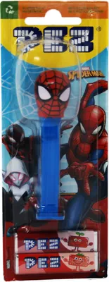 Produktbild von PEZ Figur Spiderman mit blauem Spender und zwei Päckchen Bonbons 17g