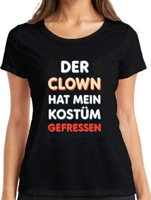 Zdjęcie produktu dla „Klaun zjadł mój kostium” – koszulka damska z motywem karnawału, zabawna, w stylu błazna, czarna, rozmiar XXL