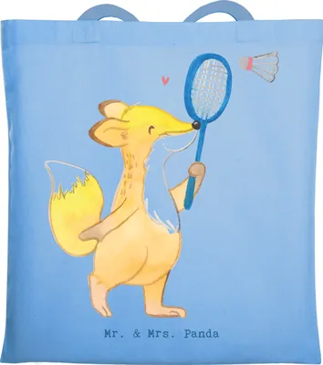Produktbild von Mr. & Mrs. Panda Tote Bag Fuchs Federball spielen - Sky Blue - Geschenk, Tasche, Badminton, Schultasche, Beutel, Laptoptasche, Jutebeutel