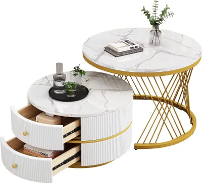 Produktbild von Couchtisch Wohnzimmertisch 2-teiliges Runden Kaffeetisch Nesting Beistelltisch mit hochglaenzender Marmoroptik Multifunktionale Wohnzimmermoebel