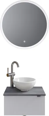 Produktbild von Pelipal Serie 6915 SET-044-112 Block bestehend aus: Keramik-Aufsatzbecken, Waschtischplatte, Waschtischunterschrank, LED Spiegel
