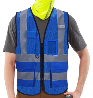 Produktbild von Sicherheitsweste Warnweste Blau Mesh Größe L mit Reißverschluss und Taschen