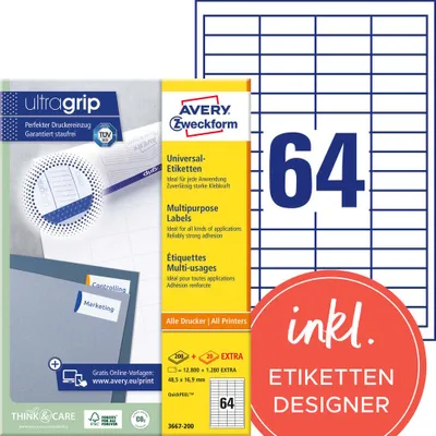 Produktbild von Avery Zweckform 3667-200 Universal-Etiketten, A4 mit ultragrip,  48,5 x 16,9 mm, weiß