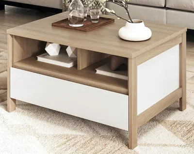 Produktbild von Couchtisch "Finnes" in weiß und Eiche Beistelltisch skandinavisch 80 x 60 cm, Soft-Close