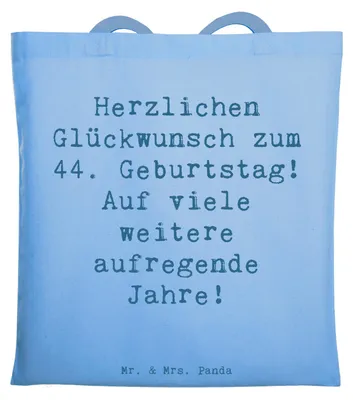 Produktbild von Mr. & Mrs. Panda Einkaufstasche Spruch 44. Geburtstag Feier - Sky Blue - Geschenk, Alter, Geburtstagsgeschenk, Tragetasche, Shopping Tasche, Geschenke, Jutebeutel