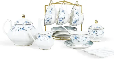 Image de Service à thé en porcelaine, 15 pièces, motif de roses bleues, pour 6 personnes, comprenant une théière et des tasses