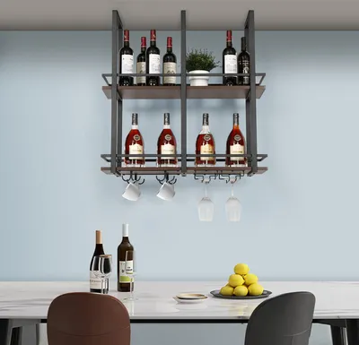 Zdjęcie produktu dla Stojak na wino 'Hubro' 80 x 30 x 85 cm Stojak sufitowy z uchwytem na kieliszki w kolorze czarnym/orzechowym