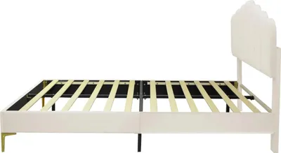 Image de Lit double rembourré - Sommier 140 x 200 cm - Structure en bois - Revêtement en velours avec tête de lit - Sommier à lattes inclus - Beige
