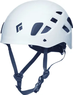 A white climbing helmet with black accents and straps, shown against a white background.