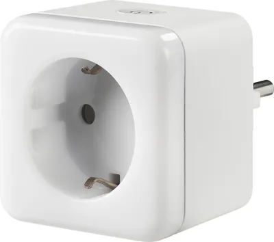 A white cube-shaped electrical adapter with a European-style socket and a plug.