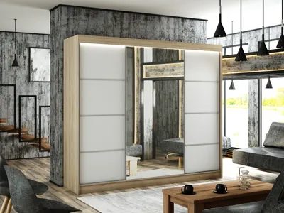 Produktbild von Kleiderschrank Padwa 250 cm inklusive 3 Schiebetüren mit Spiegel Kleiderstange Garderobe Schrank Lieferung bis in die Wohnung (Farbe: Eiche sonoma und weiße Front)