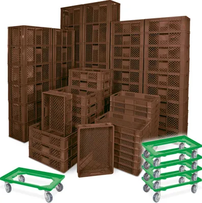 Produktbild von 78 Stück Stapelkörbe/Bäckerkästen in 5 Größen, Grundmaß LxB 600 x 400 mm, H 90 mm, 150 mm, 240 mm, 320 mm, 410 mm, Farbe braun + 5x Transportroller, grün