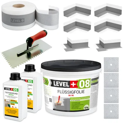 Produktbild von Dicht-Set Flüssigfolie 12kg Dichtband Tiefgrund für Bad + Zahnglätter 6mm SET103