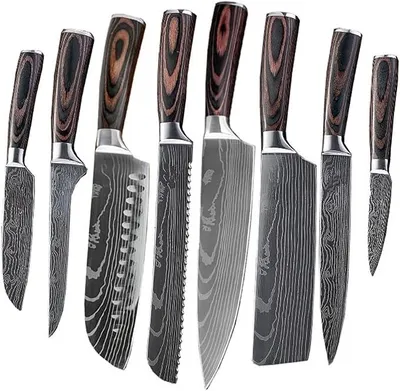 Imagen del producto de Cuchillos de cocina, diseño Damasco, cuchillo de chef, cuchillo Santoku afilado, juego de cuchillos (color: 8 juegos)
