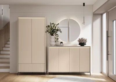 Produktbild von MEBLINI Garderobe Flur Möbel Set mit LED - Garderobenschrank Flur mitl Kommode - Garderobe Schrank - Flurgarderobe - Flurschrank hoch - TREND - Beige/Schwarz