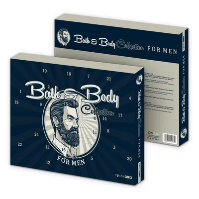 Two boxes of a Bath & Body Collection for Men advent calendar, one slightly behind the other, showing the front and side.