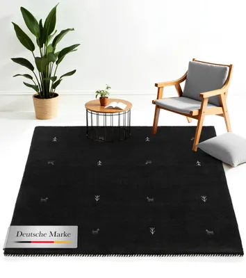Image de carpetfine Tapis de laine Gabbeh Uni Noir 200x200 cm | Tapis moderne pour le salon et la chambre à coucher