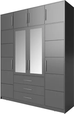 Produktbild von BETTSO Drehtürenschrank Kleiderschrank mit 4 Türen und 3 Schubladen Spiegel mit Silberne Griffe Bali D4 Garderobenerweiterung Graphit