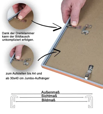 Close-up of hands demonstrating how to attach a frame backing using a twist clip, with accompanying diagrams and text explaining the process and frame dimensions.