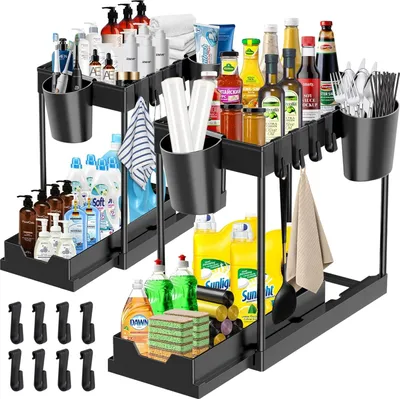 Produktbild von Set aus 2 Regalen unter der Spüle, Küchenorganizer auf 2 Ebenen mit 8 Haken, 4 hängenden Tassen, Küchenschrankorganizer, Unterbauorganizer, Gewürzregal, Spülenorganizer für Badezimmer, Küchen