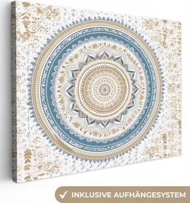 Obrázek produktu pro OneMillionCanvasses® - Obrazy na plátně - Mandala - Modrá - Bohémská - Bílá - Design, nástěnný obraz, nástěnná dekorace Obývací pokoj, 120x90cm